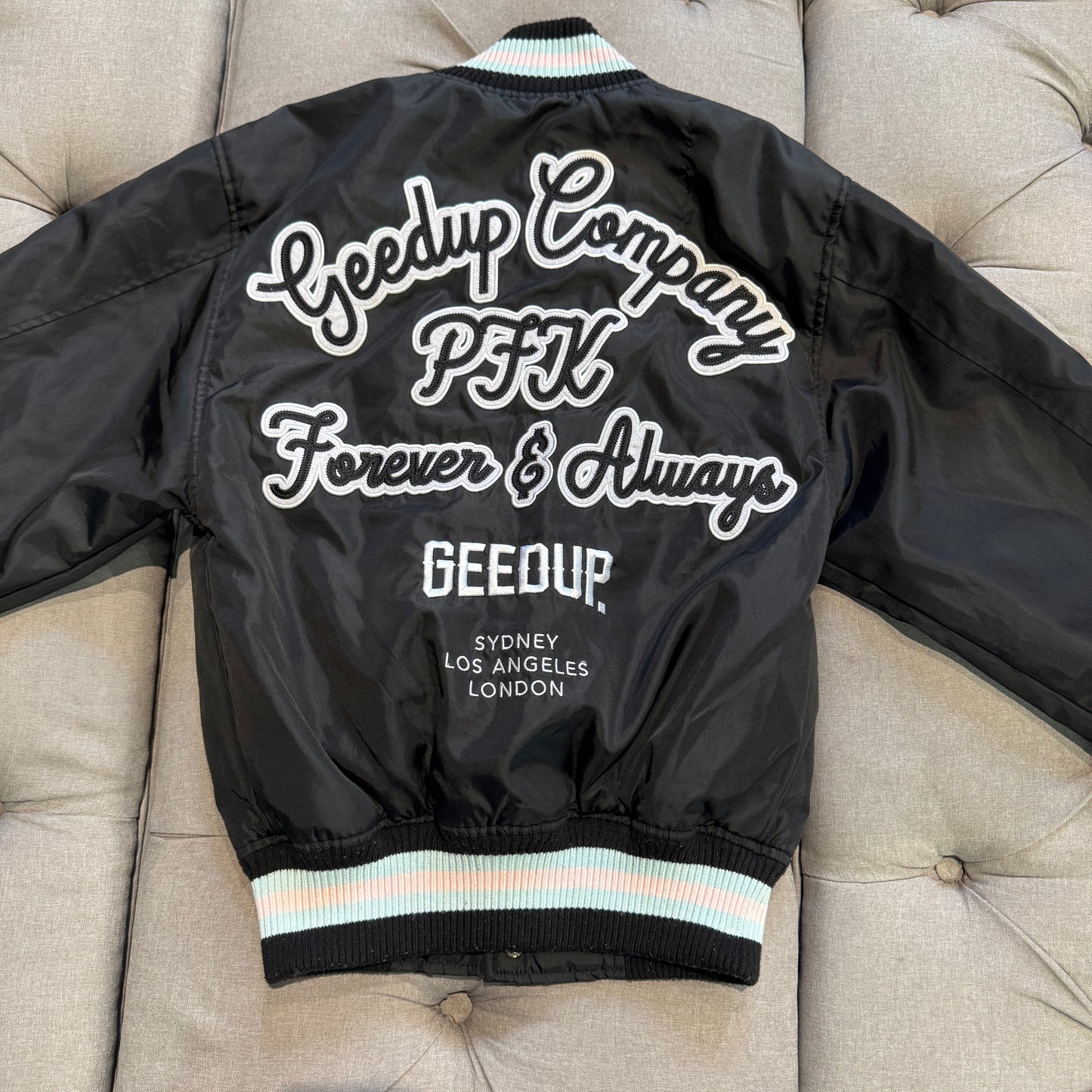 Geedup Company Varsity Jacket 'Black Baby Blue Pink' (Second hand)