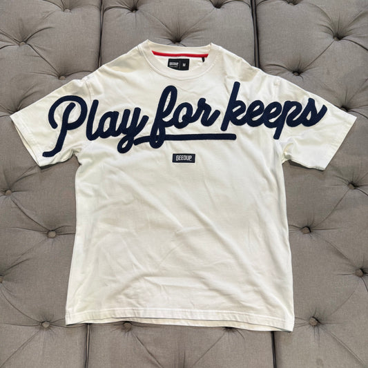 Geedup Embroided PFK Script T-shirt 'White Navy' (Second hand)