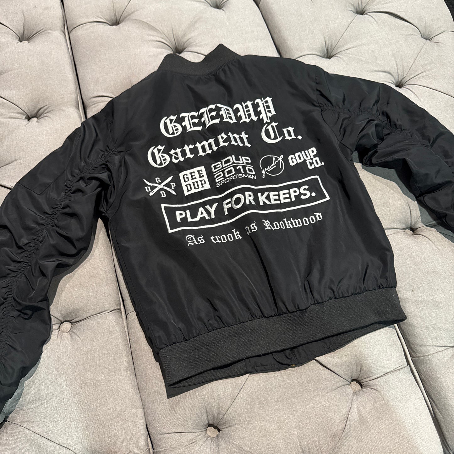 Geedup Garment Co Bomber Jacket Multi Logo 'Black White' (Second hand)