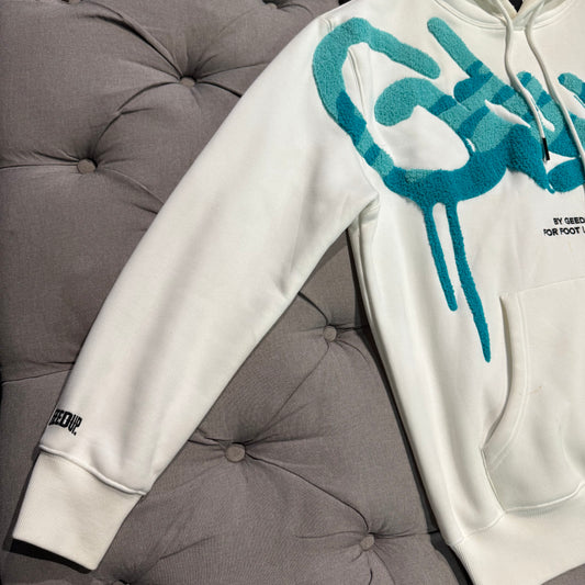 Geedup X Footlocker Handstyle hoodie 'White Teal' (Second hand)