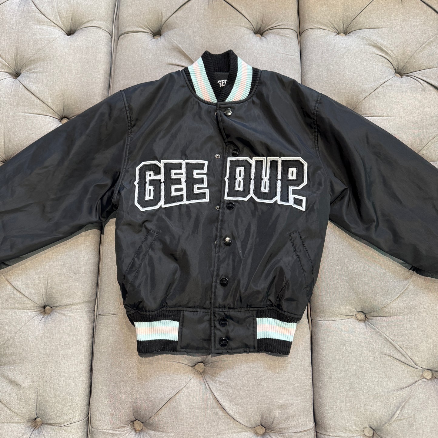 Geedup Company Varsity Jacket 'Black Baby Blue Pink' (Second hand)